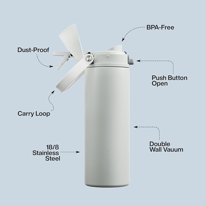 Insulated Water Bottle with Straw - Encool Stainless Steel Water Bottle with Push Button Lid, Leak-Proof & BPA-Free, Keeps Cold for 24 Hours for Sports, Travel, Gym (24 oz, Silver Grey)