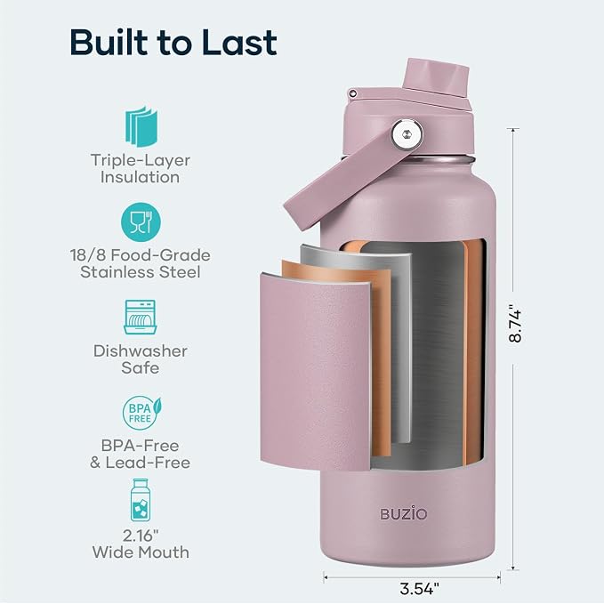 BUZIO Insulated Stainless Steel Water Bottle 32 oz with Straw & Spout Lids | Triple Wall Insulated Tumbler (Dishwasher Safe) ,Cold for 48 Hrs/Hot for 24 Hrs, Leakproof, BPA-Free, for Sports, Gym, School