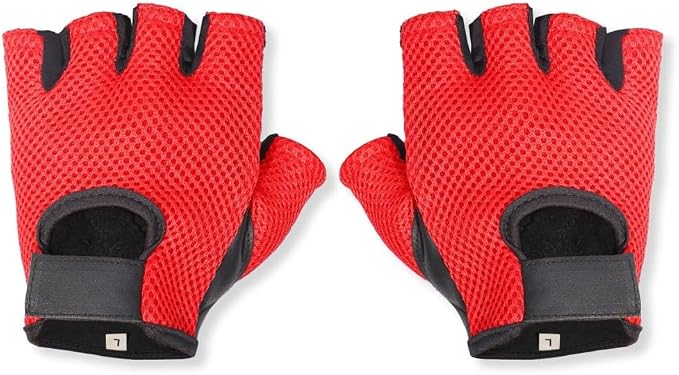 Leather MESH Fingerless Weight Lifting Exercise Gym Wheelchair Gloves Black/RED WLG-021