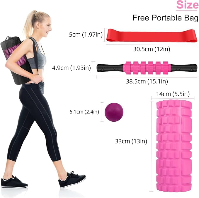 Aucuu 6 in 1 Foam Roller Set Includes Hollow Core Massage Roller, Yoga Stick, Massage Ball, Fitness Stretching Strap, Carrying Bag, Towel, Massage Roller (Pink)