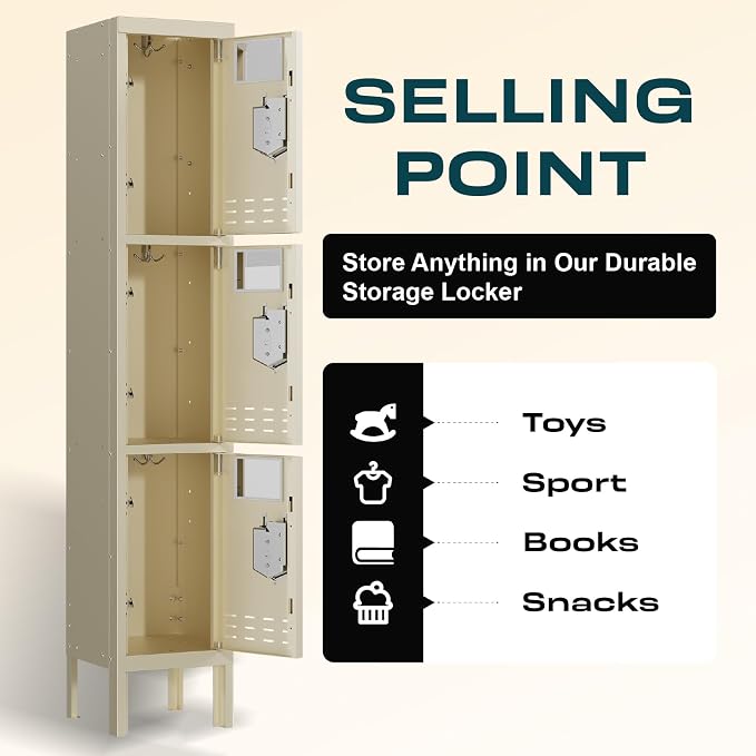 BUTISOW 3 Door Employee Metal Locker w/Card Slot for School Gym Office | Ventilated Metal Steel Locker with Mirror & Multi Hooks for Secure Storage