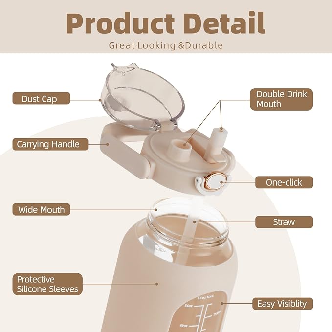 74 oz Glass Water Bottle with 2-in-1 Straw Lid Large Gallon Water Bottle with Time Marker & Removable Silicone Sleeve,Wide Mouth BPA-Free Borosilicate Bottle for Gym, Workout & Daily Use