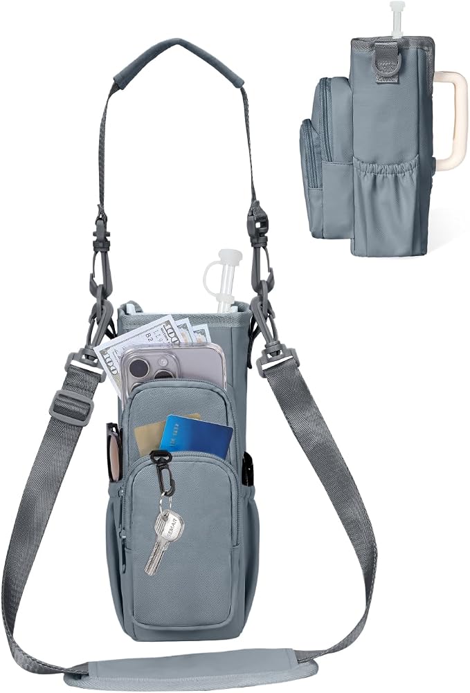 sportsnew 30/40oz Crossbody Water Bottle Holder Anti-Tip Tumbler Carrier | Lightweight Bottle Sling Fits Handled Tumbler w/ Phone Pocket, Adjustable Strap, Insulated Lining, Hands-free for Hiking Gym