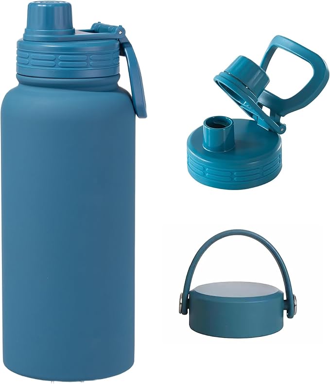 Blue Insulated 32 oz Metal Leakproof Water Bottle | Mens Stainless Steel Water Flask, Large Sports Travel Water Bottle for Gym,Hiking,1 liters Thermal Bottle with 2 Lids