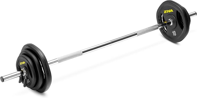ZIVA 35lb Studio Barbell Weight Set – Adjustable Home Gym Kit with Standard Rubber Urethane Plates, 5' Chrome Bar (1.18" diam) & Collars | Extra Plates Not Included