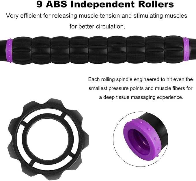 YANSYI Professional 9-Roller Deep Tissue Massage Stick - Portable Muscle Recovery Roller for Athletes, Relieves Post-Workout Soreness & Leg/Back Pain - Portable Physio Tool (Purple)