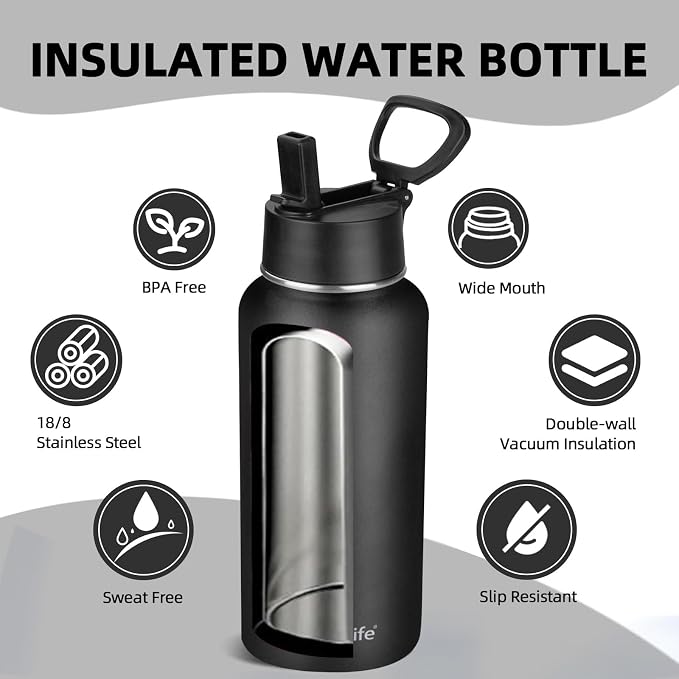 Insulated Water Bottle With Straw,32 oz Vacuum Insulated Stainless Steel Sports Water Flask,Keeps Cold and Hot,Metal Water Bottle Wide Mouth for Gym Travel Camping (Black)