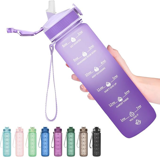Hyeta Plastic Water Bottle With Straw & Time Marker, 32oz Leakproof Jug | Motivational Tritan BPA Free Gym Office Outdoor Intake Tracker Hourly Reminder Straw Lid Lightweight