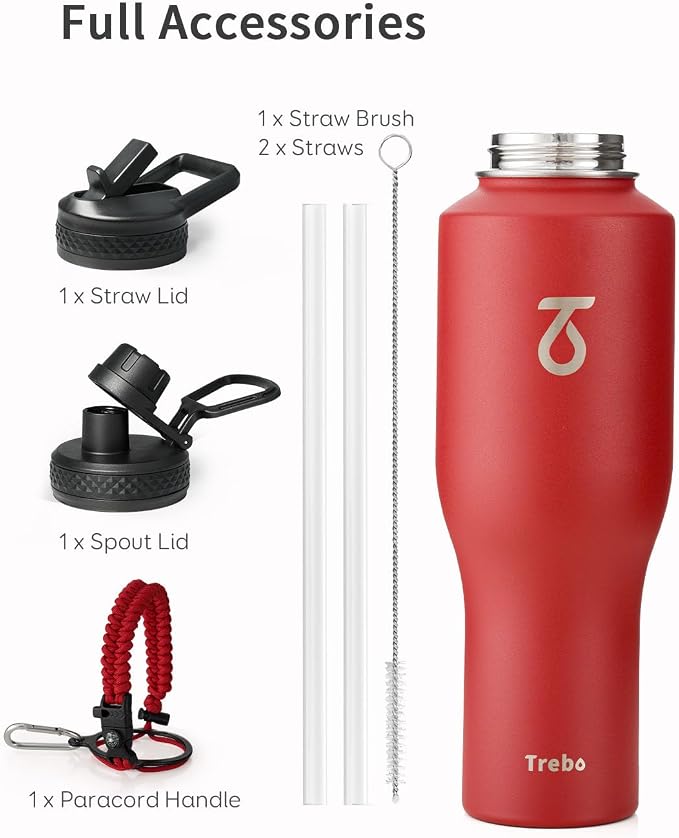 Trebo 40 oz Water Bottle Insulated Fit in Any Car Cup Holder with 2 Lids | Stainless Steel T-shape Tumbler with Paracord Handle, Triple Wall Vacuum Copper Plated, Cold 48 Hrs for Travel, Wide Mouth