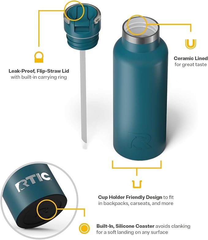 RTIC 16oz Journey Water Bottle Ceramic Lined Metal Stainless Steel Vacuum Insulated, BPA Free, Reusable, for Water, Hot and Cold Drinks, Travel, Sports, Camping, Marine
