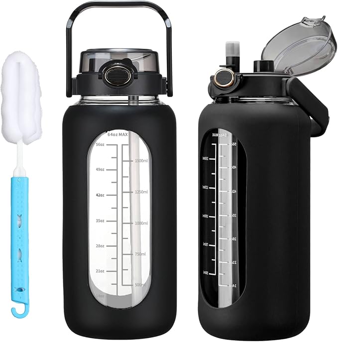 chunmo 42oz/52oz/64oz Glass Water Bolttles with Straw Half Gallon Large Motivational Water Bottle with Time Marker Sports Water Bottles with Silicone Sleeve and Handle Lid Water Jug for Gym Workout