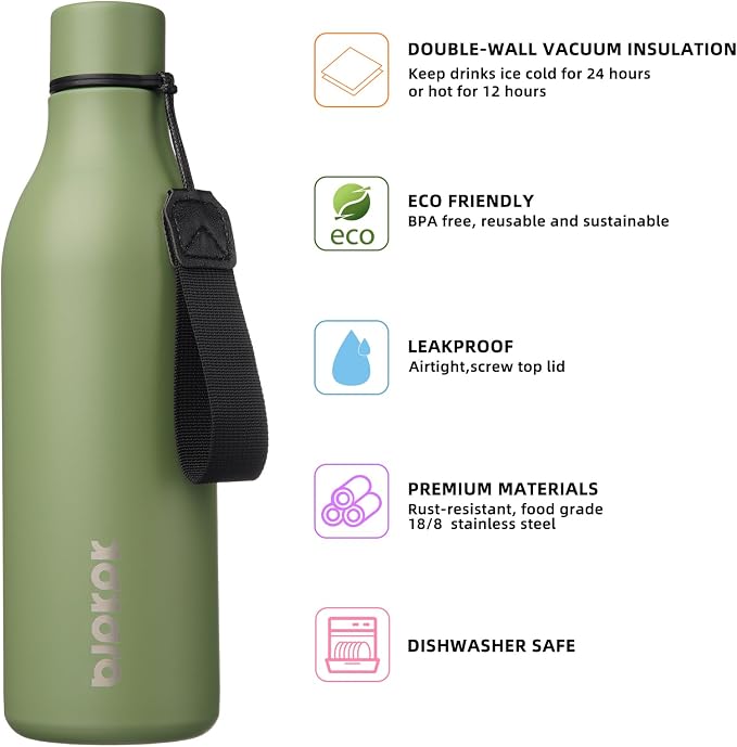 BJPKPK 25oz Insulated Water Bottle, Stainless Steel Bottle with Carry Strap | Keep Cold & Hot Vacuum Insulation, Leak-Proof BPA-Free Design, Slim Bottle Fits Most Cup Holders for Gym, Office & Travel