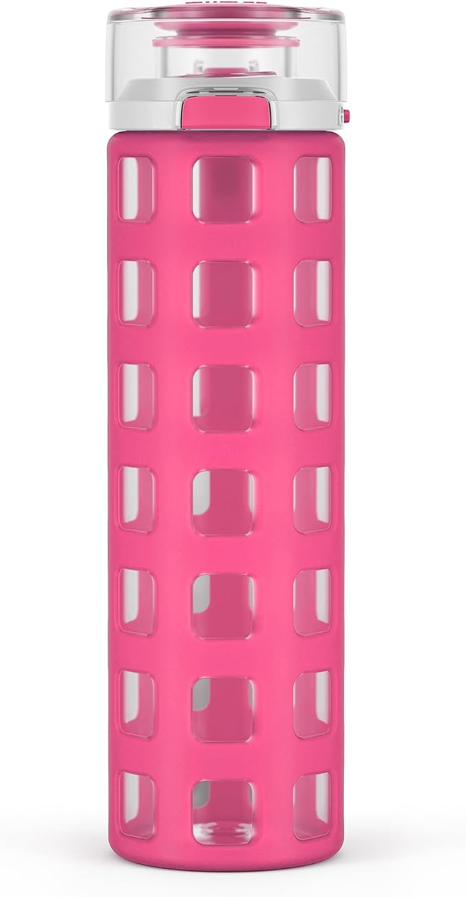 Ello Syndicate 20oz Glass Water Bottle with Flip Lid and Sleeve, Pink | Glass water bottle for iced drinks with leakproof flip lid, silicone sleeve, carry loop, BPA-free, and dishwasher safe