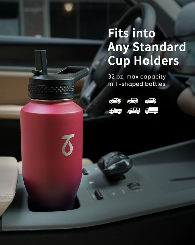 Trebo 40 oz Water Bottle Insulated Fit in Any Car Cup Holder with 2 Lids | Stainless Steel T-shape Tumbler with Paracord Handle, Triple Wall Vacuum Copper Plated, Cold 48 Hrs for Travel, Wide Mouth
