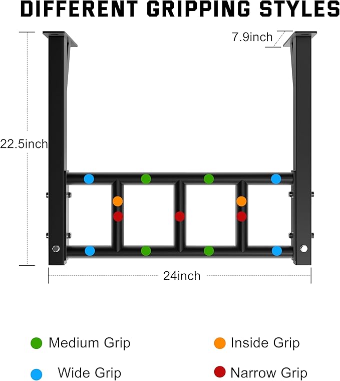 HOOUSA Wall-Mounted Pull-Up Bar, 600lb Load Capacity,Fit 24" wall Spacing | Multi Grip Design, 2 Suspension Ring, Suitable for Concrete and Wood Mounting, For Garage Indoor Basement Strength Training