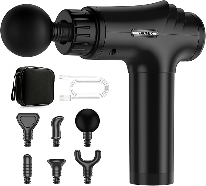 Massage Gun, 30 Speeds, 6 Heads, Quiet Deep Tissue Muscle Massager | Mini handheld percussion massager for back, neck, shoulders and body; ideal for athletes, workouts and muscle recovery.