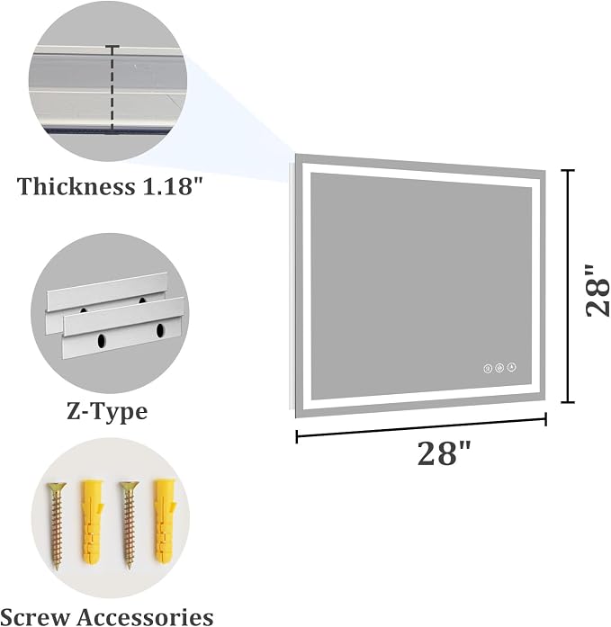 Koonmi 28x28 LED Bathroom Mirror with Light, Anti-Fog, 3 Colors | Backlit + Front Lit, Dimmable Brightness, Shatterproof HD Distortion-Free Tempered Glass, Hardware Included