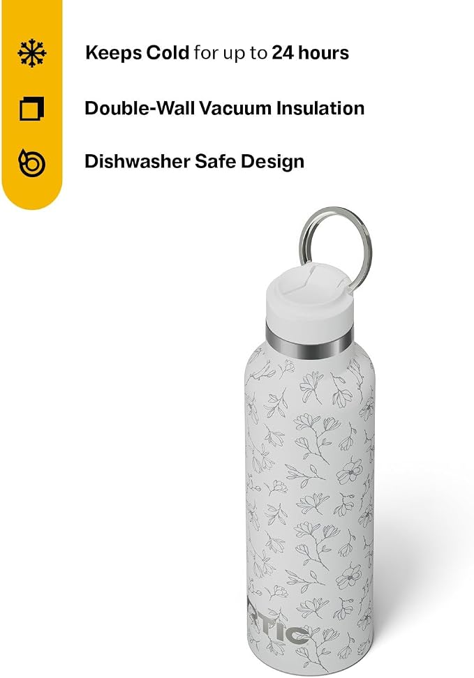 RTIC 20oz Journey Water Bottle Ceramic Lined Metal Stainless Steel Vacuum Insulated, BPA Free, Reusable, for Water, Hot and Cold Drinks, Travel, Sports, Camping, White Magnolias