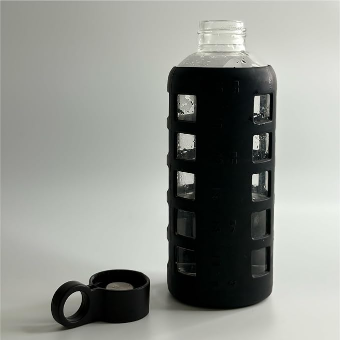 purifyou 40oz / 32oz / 22oz / 12oz Borosilicate Glass Water Bottle with Time & Volume Markers, Silicone Sleeve, Stainless Steel Lid | Reusable Glass Bottle for Water & Juice (22oz Jet Black)