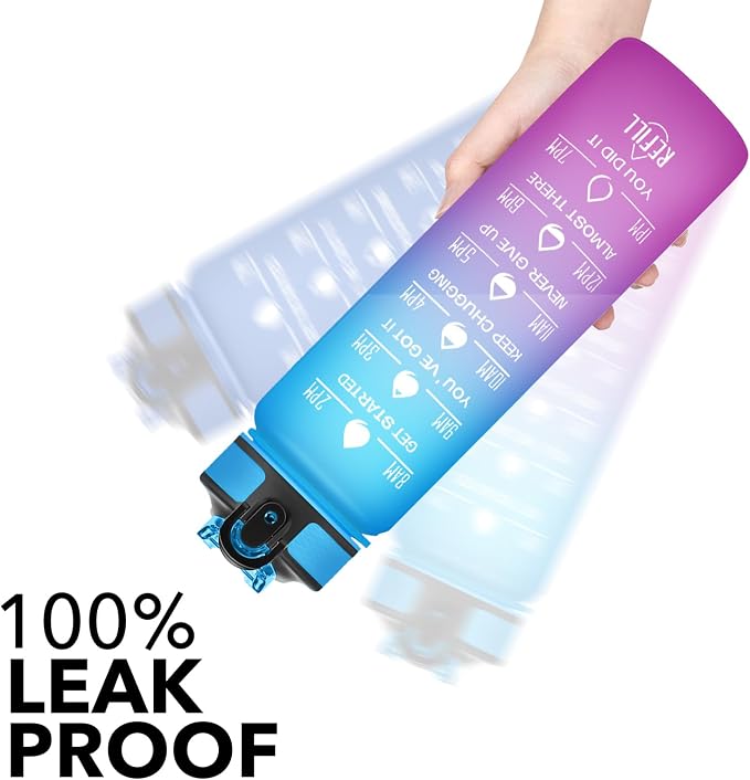 Hyeta Water Bottle with Straw & Time Marker, Plastic 32oz Leakproof | Motivational Tritan BPA Free Gym Office Outdoor Intake Tracker Hourly Reminder Straw Lid Carry Strap
