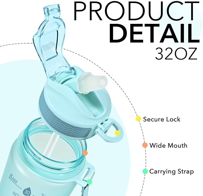 Hyeta Plastic Water Bottle With Straw & Time Marker, 32oz Leakproof Jug | Motivational Tritan BPA Free Gym Office Outdoor Intake Tracker Hourly Reminder Straw Lid Lightweight