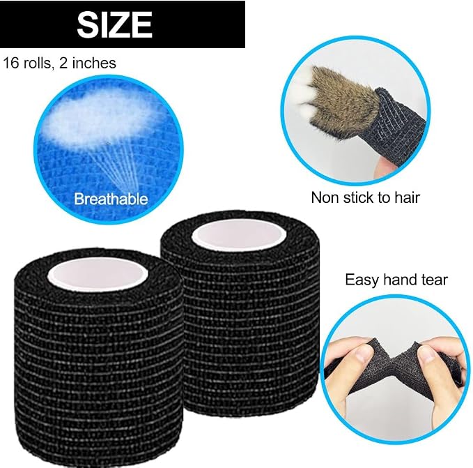 16 Pack Self Adhesive Bandage Wrap 2 Inches | 2" X 5 Yards Black Elastic Cohesive Bandage Wrap for Sports, Wrist, Ankle and Vet Wrap, Grip Tape