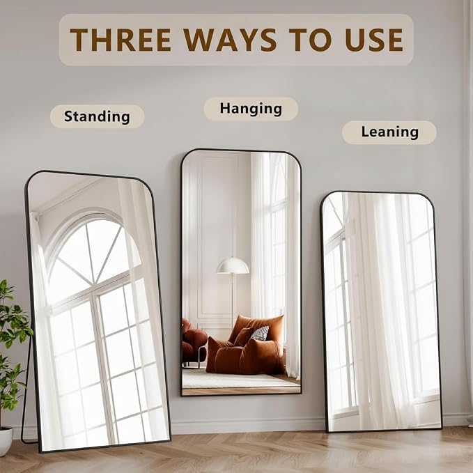 Koonmi Full Length Mirror, 71"x28" Mirror Full Length with Stand | Domed Top Square-Edged ShatterProof Floor Mirror with Black Aluminum Alloy Frame for Bedroom Living Room Home Gym