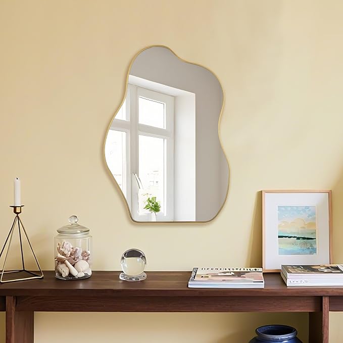 BOMINICA Irregular Wall Mirror Asymmetrical Mirror, Decorative Wall Mirror Golden Wood Framed, Wall Mounted Mirror for Bathroom Living Room Entryway Bedroom Hallway (Gold, 20" x 28")