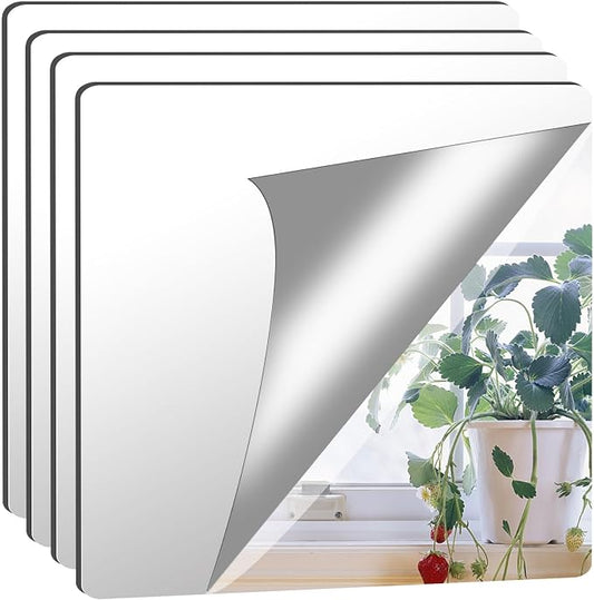 JUNEBRUSHS 4 Pack Self Adhesive Acrylic Mirror, 12X 12 Inch Mirror Tiles,Flexible Plastic Mirrors Sheets Wall Stickers,2MM Thick Mirrors,Frameless Small Mirror