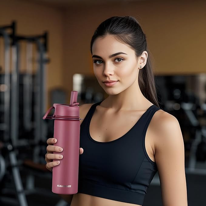 KXIAOCHEN Insulated Water Bottle with Strap, 48-Hour Cold, 2 Lids | Triple-wall insulation, lead-free 18/8 Stainless steel, paracord handle, carabiner clip, for gym, hiking, camping and travel