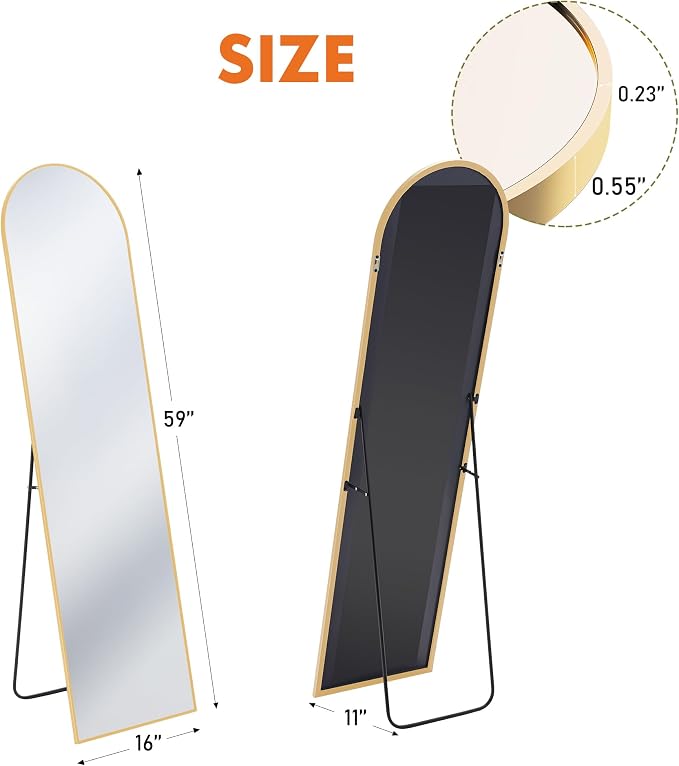 OLIXIS 59"x16.6" Arched Full Length Mirror, Full Body Mirror with Stand | Aluminum Alloy Thin Frame, Free Standing Mirrors for Bedroom, Hanging or Leaning Floor, Living Room Bedroom, Gold