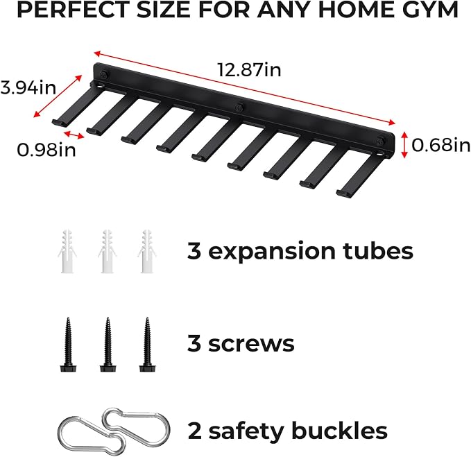 Home Gym Accessories Storage Wall Rack with Sturdy Hooks, Carabiner Clips | Heavy Duty Home Gym Equipment Storage Rack Wall Mount for Resistance Bands, Cable Attachments,Lifting Belts,Jump Ropes,Chains