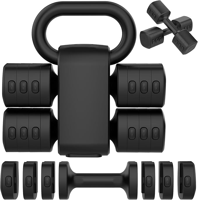 Hezeyferg Adjustable Dumbbell Set, 2-in-1 Hand Weights with Kettlebell Form | 4-Level 2.2-5.5lb Each, Dual-Button Locking, for Women Men Beginners Home Gym, Portable & Space-Efficient, Full Body Workout