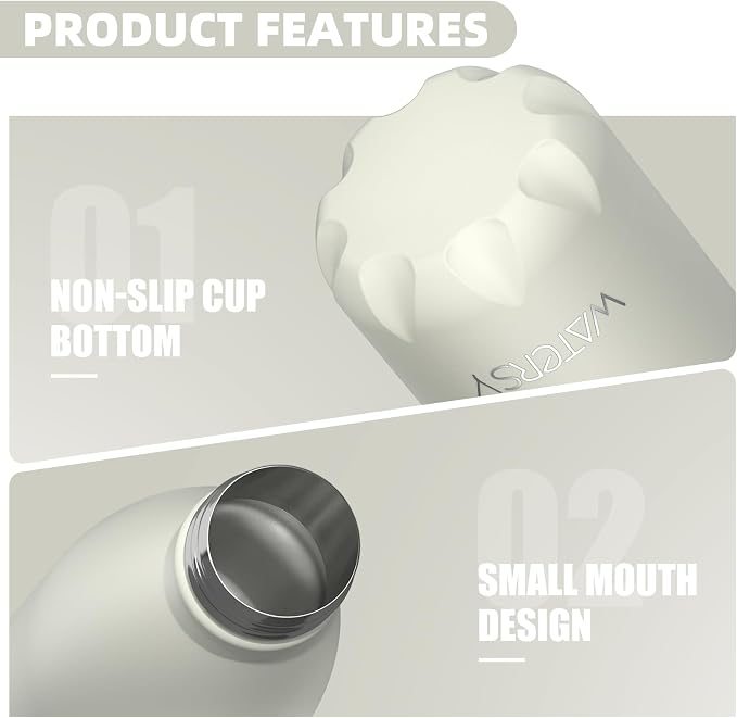 WATERSY Stainless Steel water bottles,17oz/500ml Insulated Water Bottle | Cream White metal water bottle Keeps Drink Cold and Hot,BPA Free kids water bottles for School,Gym,Travel,Sports