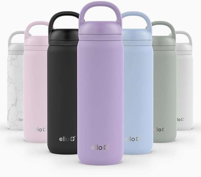 Ello Cooper Twist 22oz Insulated Stainless Steel Chug Water Bottle, Lilac | Leakproof water bottle with chug lid and carry loop. BPA-free, keeps drinks cold 26 hours, great for gym, travel, and school.