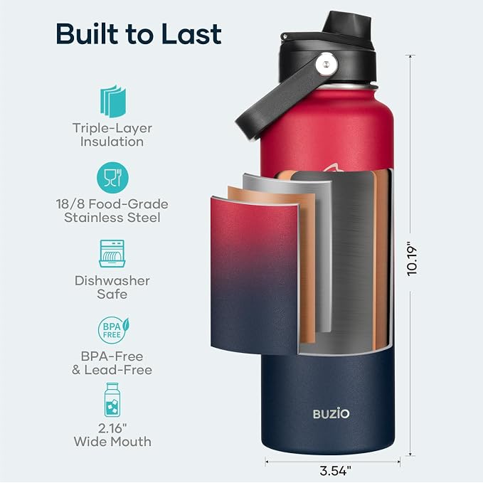BUZIO Triple Wall Vacuum Water Bottle with Dust-proof Straw & Spout Lids | 40 oz Insulated Stainless Steel Water Flask (Cold for 48 Hrs/Hot for 24 Hrs), Dishwasher Safe, Leakproof, Non-BPA, for Hiking