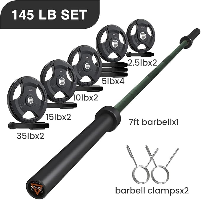 7FT Olympic Barbell Bar with Weight Plate Set Combo, Solid Olympic Bar with Bearings, 700Lbs Capacity Weight Bar for Home Gym Strength Training, Weightlifting, Powerlifting, Fit for 2" Olympic Plates
