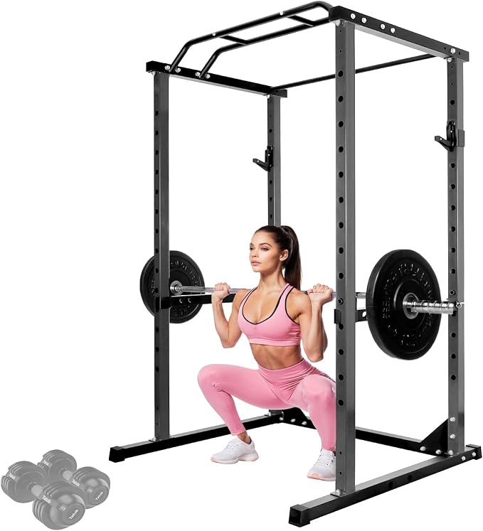 1200lbs Heavy Duty Power Cage, Black Squat Rack with Safety Bars, Adjustable J-Hooks and Safety Arms, Power Rack System for Home Gym, Weightlifting and Cross Training