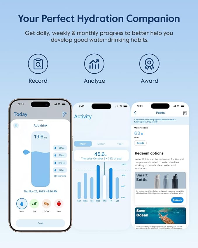 WaterH BOOST Smart Water Bottle Tracker with Reminder to Drink Water, 24oz | BPA-Free Double Wall Vacuum Insulated Stainless Steel, Leakproof, Smart App Tracking, Fits Cup Holders, Wide Mouth for School