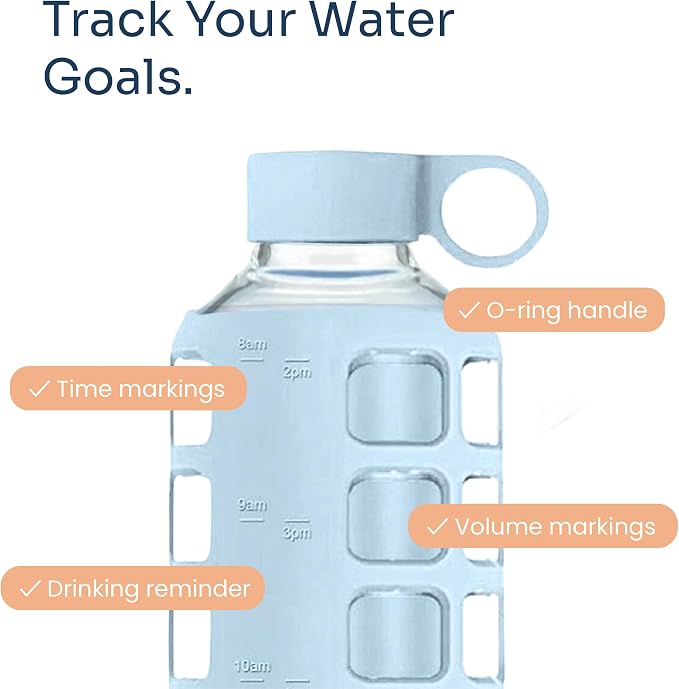 purifyou 40oz / 32oz / 22oz / 12oz Borosilicate Glass Water Bottle with Time & Volume Markers, Silicone Sleeve, Stainless Steel Lid | Reusable Glass Bottle for Water & Juice (40oz Ice Blue)