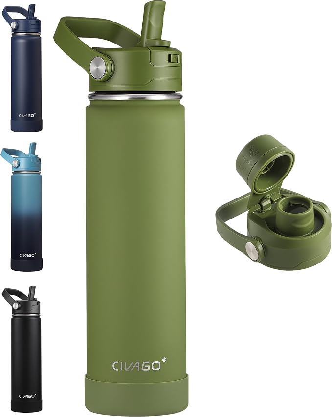 CIVAGO 24 oz Insulated Stainless Steel Water Bottle with Removable Straw | Large Leakproof Metal Water Jug, Sports Thermal Flask Cup with Bucket Handle, Silicone Boot, Dishwasher Safe,Army Green