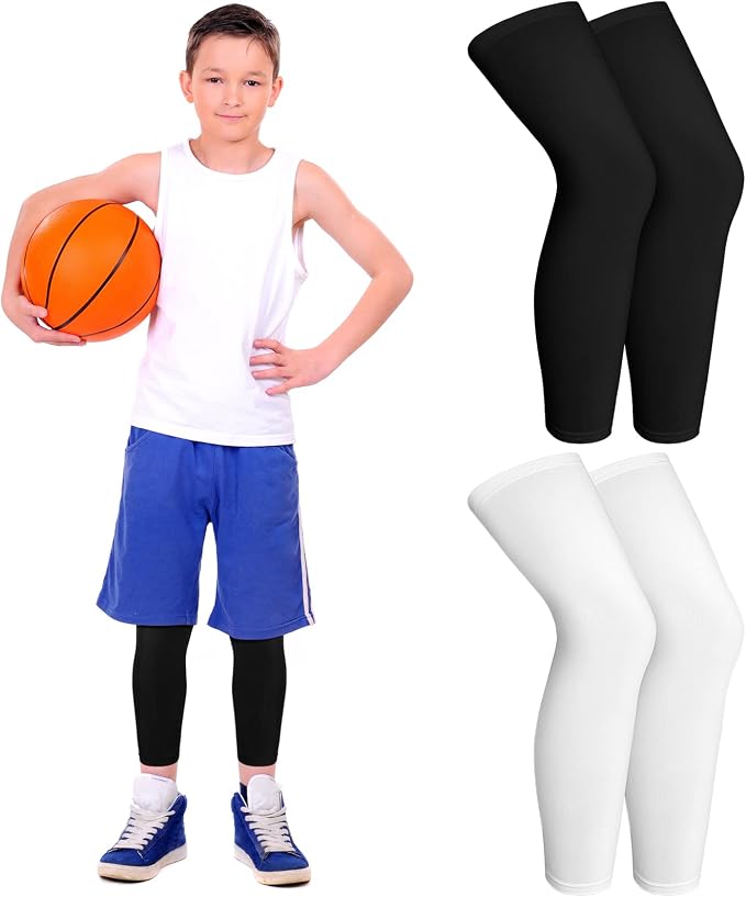 Geyoga 2 Pairs Kids Long Compression Leg Sleeves Long Knee Sleeves UV Protection for Boy Girl Youth Basketball Running Sport