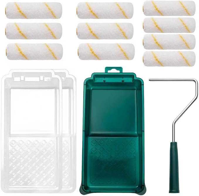 Paint Roller Kit, 14 Pack, 4 Inch Paint Roller with Tray Liners | Small Paint Roller, Mini Roller Frame, Microfiber Roller Covers for Painting Walls, Cabinets, Furniture and Ceilings
