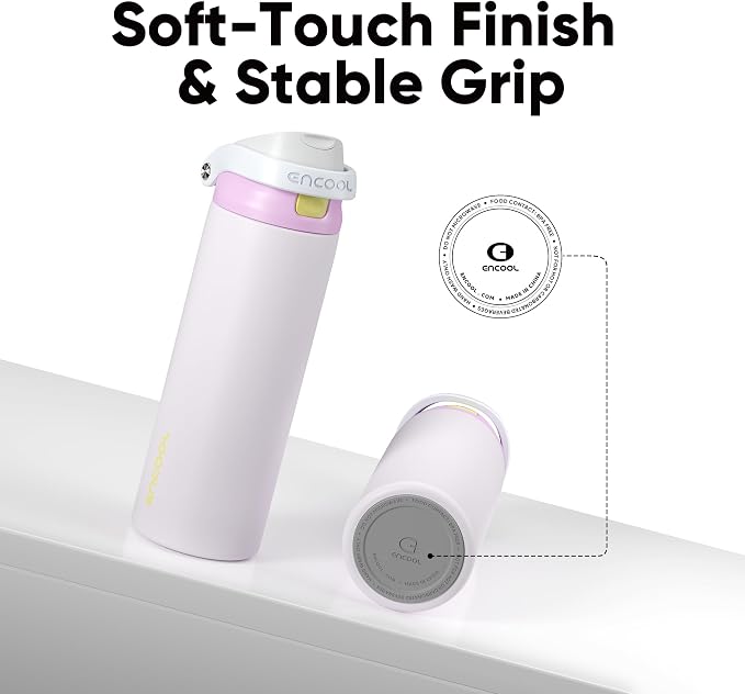 ENCOOL Leakproof Insulated Water Bottle with Straw Dual-Sip Water Bottle Bag-Safe Design for Work, Commute & Gym – Keeps Drinks Cold All Day, 18 oz, Lemonade Pink