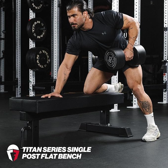 Titan Fitness TITAN Series Single Post Flat Bench, Rated 1,200 LB, 4" Thick HeftyGrip Vinyl Pad, Dedicated Home Gym Competition Weightlifting & Strength Training Utility Bench