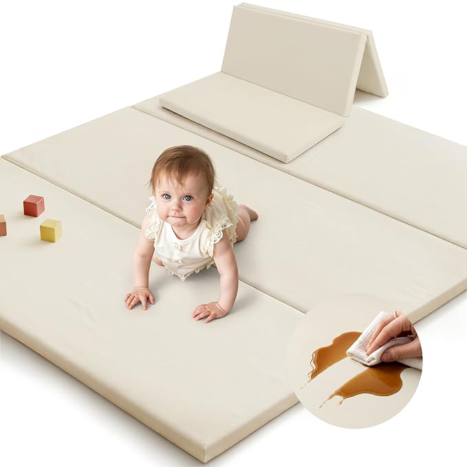 SEPARO Foldable Baby Play Mat,Vegan Leather 47x47 Baby Mat for Floor,Beige | Trifold Waterproof Playmat for Babies,Soft Foam Tumbling Mat,Wipe-Clean&Non-Slip Outdoor Mats,Playmate for Baby Tummy Time