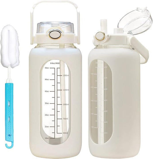 chunmo 64oz Glass Water Bolttles with Straw Half Gallon Large Motivational Water Bottle with Time Marker Sports Water Bottles with Silicone Sleeve and Handle Lid Water Jug for Gym Workout
