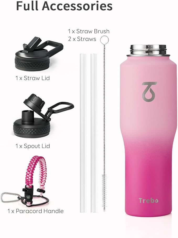 Trebo 32 oz Water Bottle Insulated Fits in Any Car Cup Holder with 2 Lids | Stainless Steel T-shape Tumbler with Paracord Handle, Triple Wall Vacuum Copper Plated, Cold 48 Hrs for Travel, Leakproof