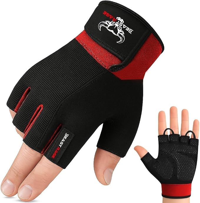 BEAST RAGE Workout Gloves for Men, Durable Palm Grip Gym Gloves Women Half Finger Elasticated Training Weight Lifting Strength Bodybuilding Anti Slip Cycling Gloves Exercise