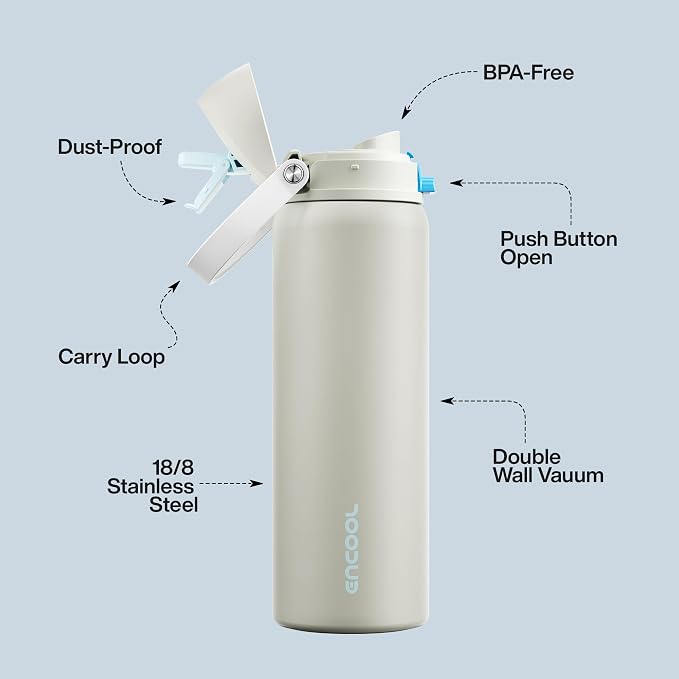 Insulated Water Bottle with Straw - Encool Stainless Steel Water Bottle with Push Button Lid, Leak-Proof & BPA-Free, Keeps Cold for 24 Hours for Sports, Travel, Gym (32 oz, Kangaroo Grey)
